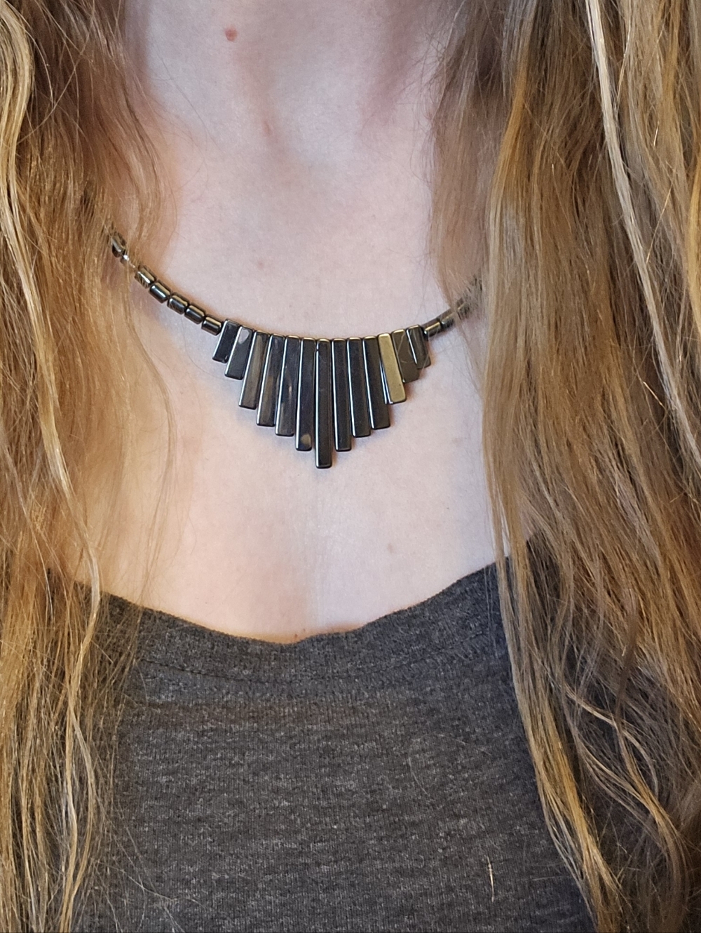 Hematite Bar Fan Pendant Necklace - Women